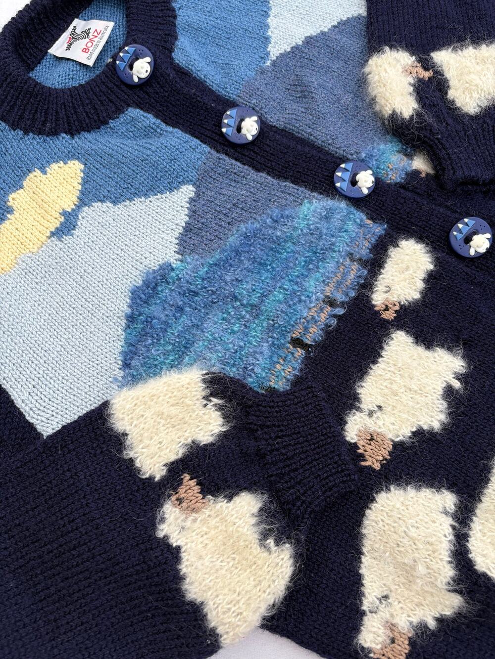 Vintage BONZ Australia Hand Knit Wool Sheep Novelty Cardigan Sweater Blue Unisex